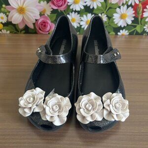 MINI MELISSA Girls Black White Floral Mary Janes Flats Size 10